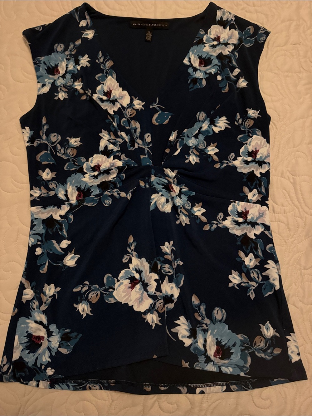 White House Black Market Navy Floral Twist-Front Tank Top